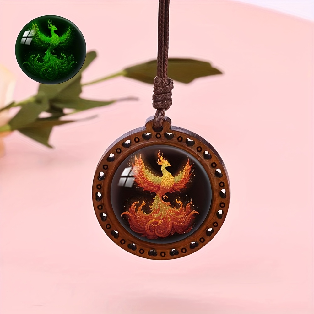Glowing Fire Phoenix Wooden Pendant Necklace
